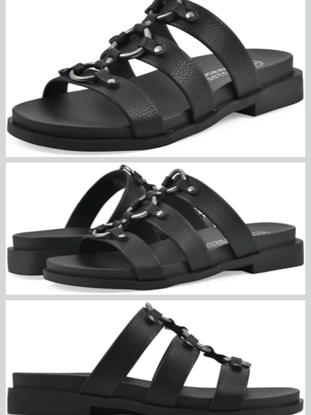 White Mountain Koala Black Triple-Strap Slide Sandal with Metal Ring Accents